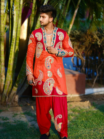Coral Red Mirror Work Kurta Set