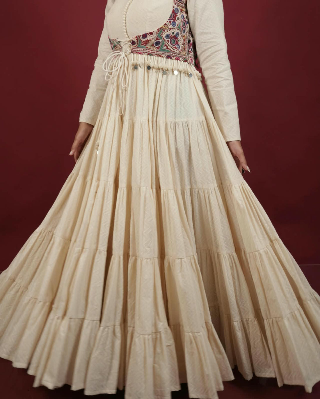 Ivory Tiered Mirror Work Lehenga