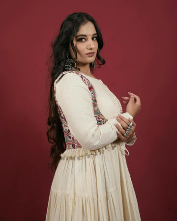 Ivory Tiered Mirror Work Lehenga